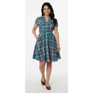 Unique Vintage 1960’s Teal Madras Plaid Fit & Flare Dress M 6 8 NWOT